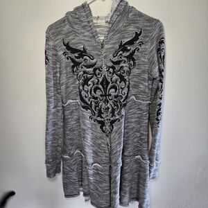 Vocal Embellished Long Sleeve Tunic Hooded Women's Medium Full Zip Gray Black